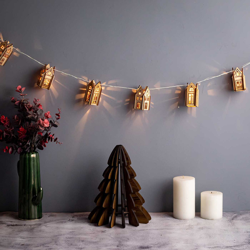 Handmade Birch Wood 3D House Festive Bunting - Lit Garland Hanging Display