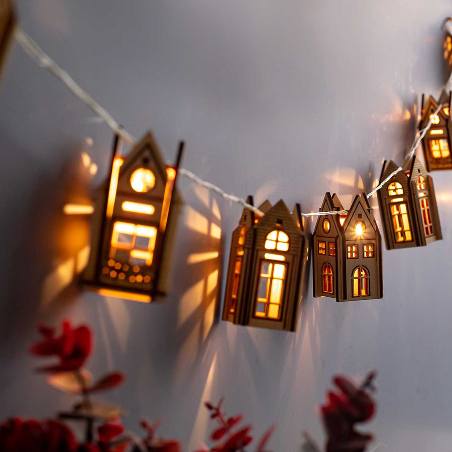 Handmade Birch Wood 3D House Festive Bunting - String Lights Hanging Detail Close-up