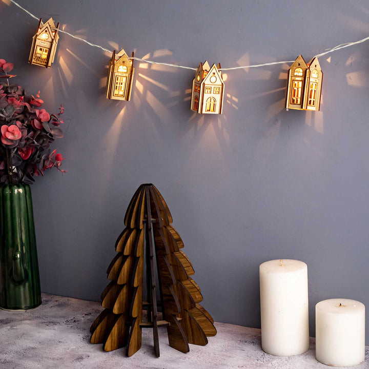 Handmade Birch Wood 3D House Festive Bunting - String Lights Hanging Display