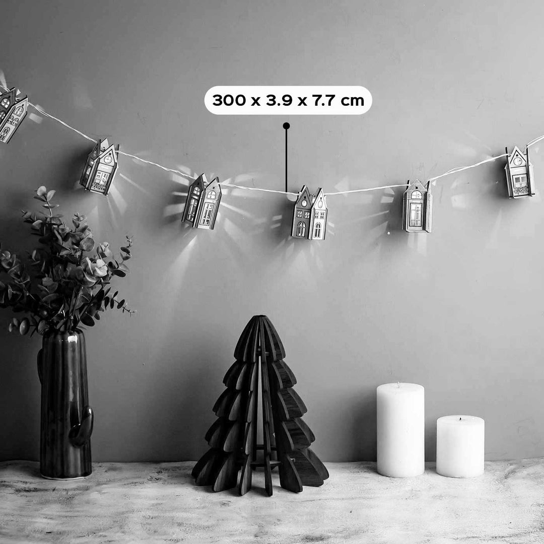 Handmade Birch Wood 3D House Festive Bunting - String Lights Hanging Display with Dimensions