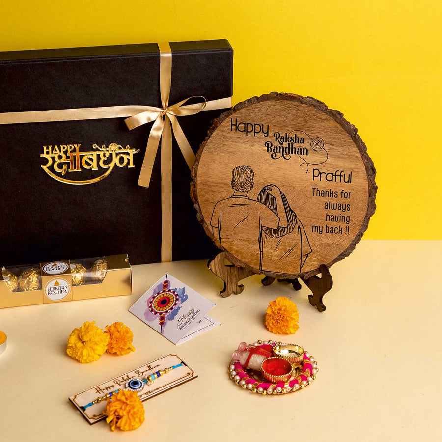Customized Handmade Engraved Wooden Rakhi Hamper With Chocolates And Roli Chawal For Brother Set Of 5 - Gift Set Layout with Plaque
