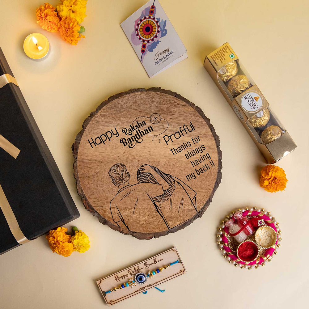 Customized Handmade Engraved Wooden Rakhi Hamper With Chocolates And Roli Chawal For Brother Set Of 5 - Overhead Product Arrangement