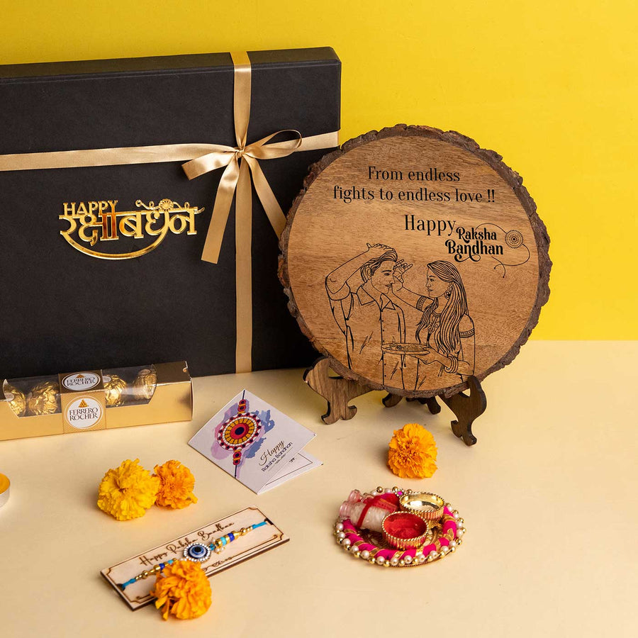 Customized Handmade Engraved Wooden Rakhi Hamper With Chocolates And Roli Chawal For Brother Set Of 5 1 - Front View with Gift Box and Accessories