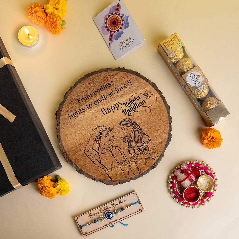 Customized Handmade Engraved Wooden Rakhi Hamper With Chocolates And Roli Chawal For Brother Set Of 5 1 - Top View with Gift Items Arranged