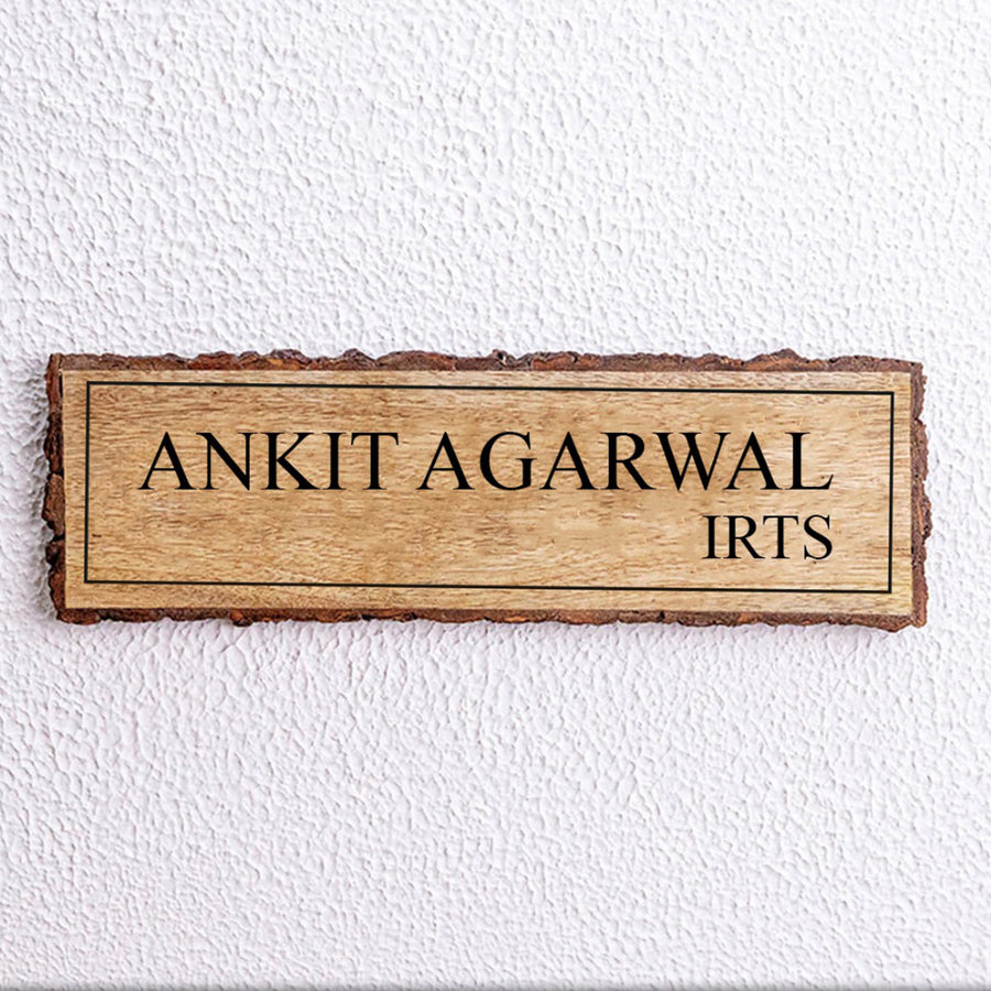 Handcrafted Mango Wood Personalized Name Plate For Irts - Mounted on White Wall Front View
