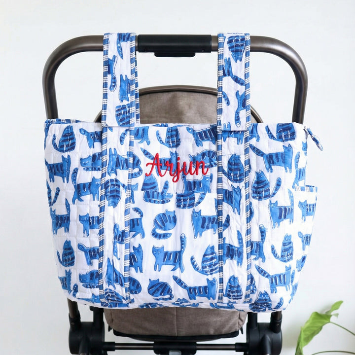 Personalized Blue Cats Diaper Bag With Stroller Straps