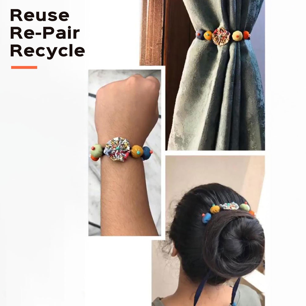 Handmade Beaded Flower And Button Design Upcycled Fabric Rakhi With Roli Chawal For Brother - Multiple Usage Options