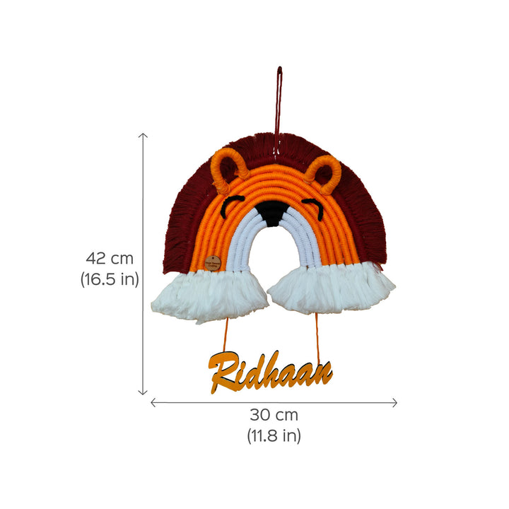 Macrame Tiger Personalized Kids Name Plate - Front View with Dimensions and Name Personalization
