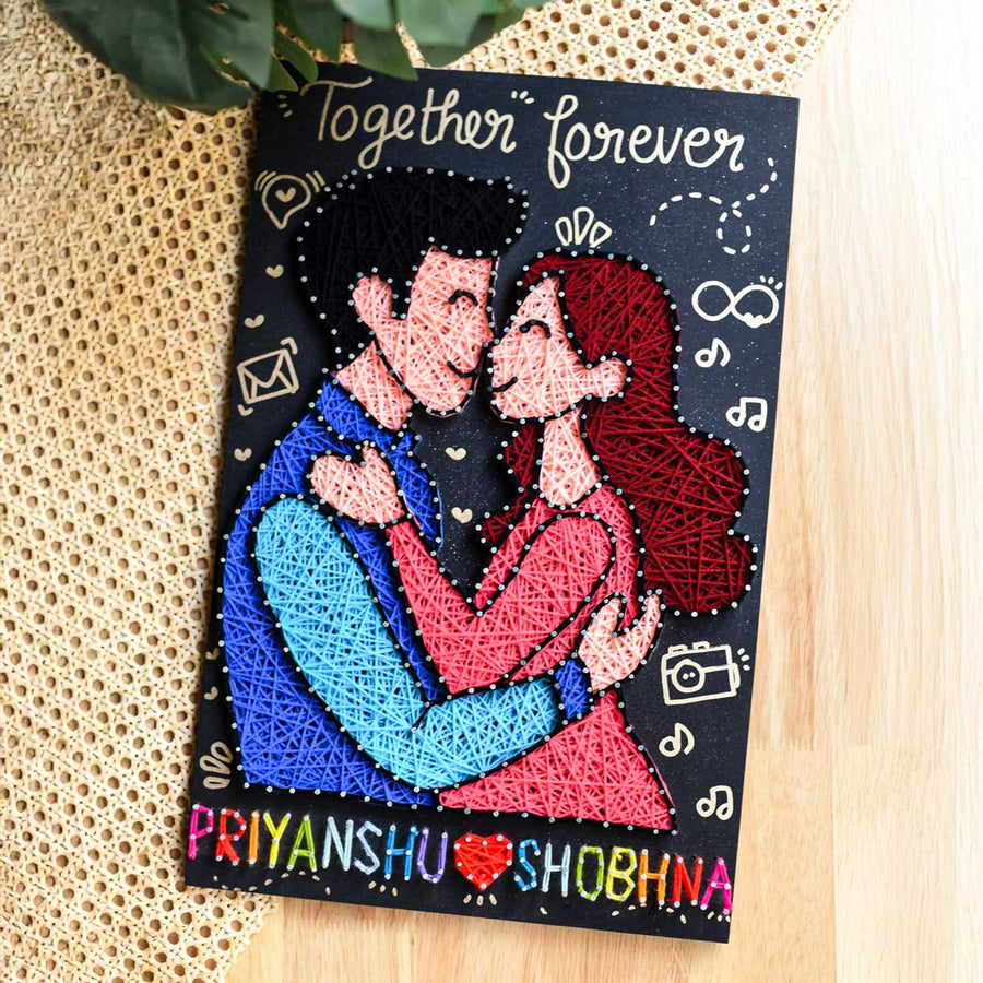 Photo Personalized String Art Together Forever Mdf Wood Name Plate - Front View on Woven Surface