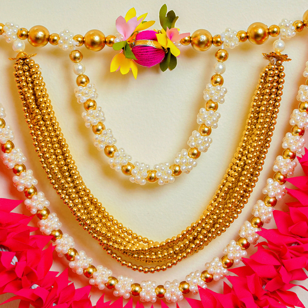 40 / 44 In | Handmade Beaded Rani Pink Gajra With Moti Toran