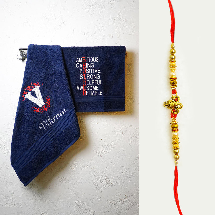 Embroidered Personalized Towel Rakhi Hamper 2 - Towels Hanging with Name Personalization