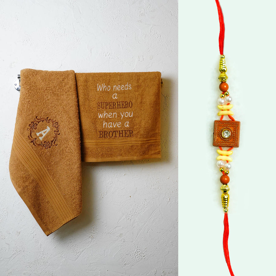 Embroidered Personalized Towel Rakhi Hamper 1 - Front View of Towel and Rakhi