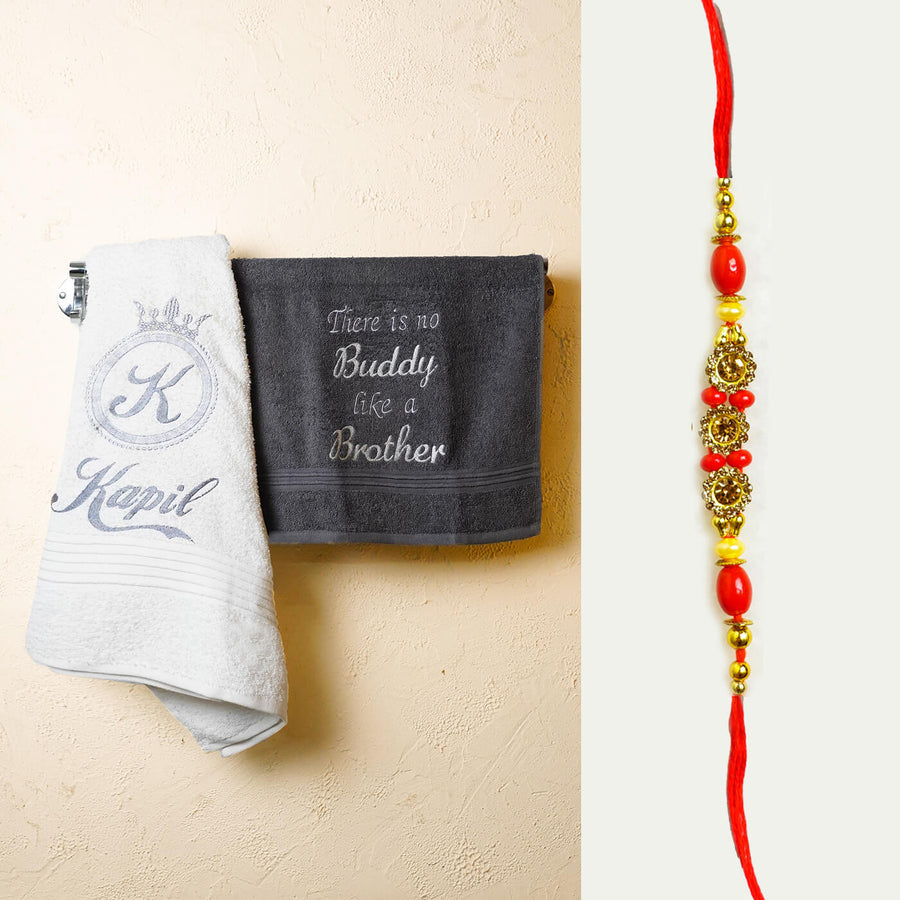 Embroidered Personalized Towel Rakhi Hamper 3 - Towels Front Hanging Display