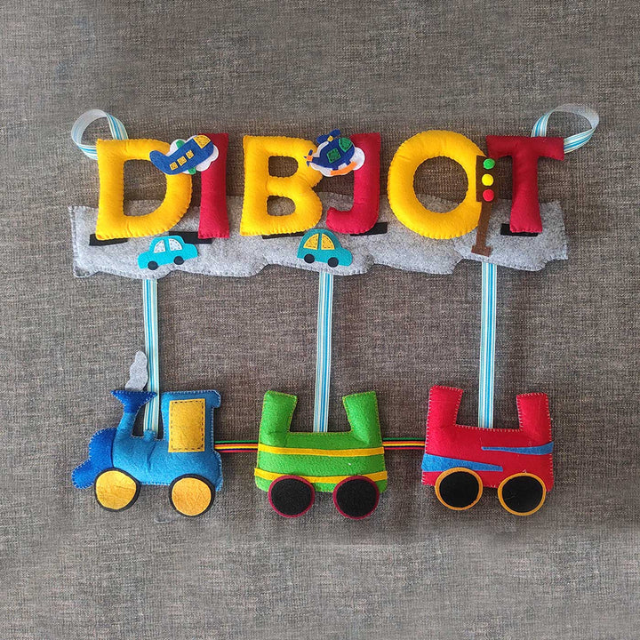 Personalized Handmade Train Theme Felt Name Plate - Flat Lay with Name and Train Detail