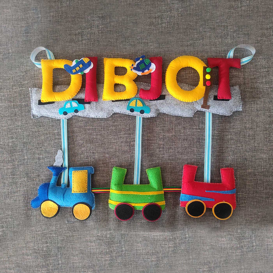 Personalized Handmade Train Theme Felt Name Plate - Flat Lay with Name and Train Detail