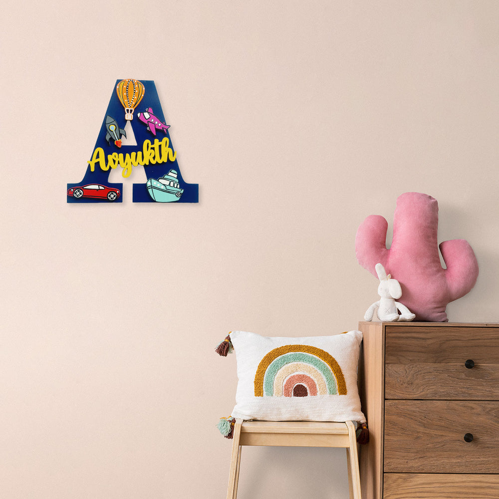 Handcrafted Personalized Kids Transportation Themed Monogram Mdf Nameplate 4 - Mounted on Wall with Name Personalization