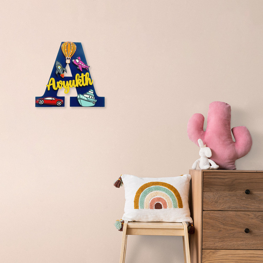 Handcrafted Personalized Kids Transportation Themed Monogram Mdf Nameplate 4 - Mounted on Wall with Name Personalization
