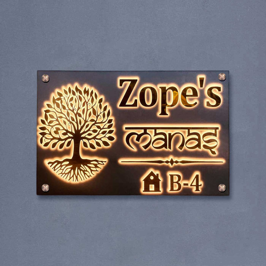 Personalized Waterproof Golden Tree Design Acrylic Led Name Plate - Mounted on Wall with Backlighting