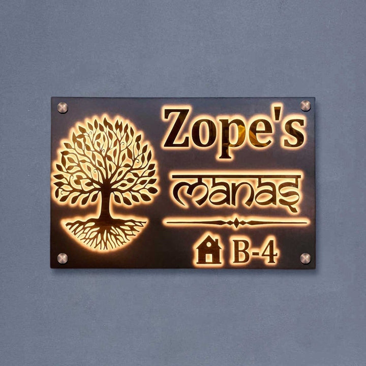 Personalized Waterproof Golden Tree Design Acrylic Led Name Plate - Mounted on Wall with Backlighting
