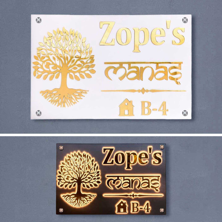Personalized Waterproof Golden Tree Design Acrylic Led Name Plate - Front and Back Lit Wall Mounted Views