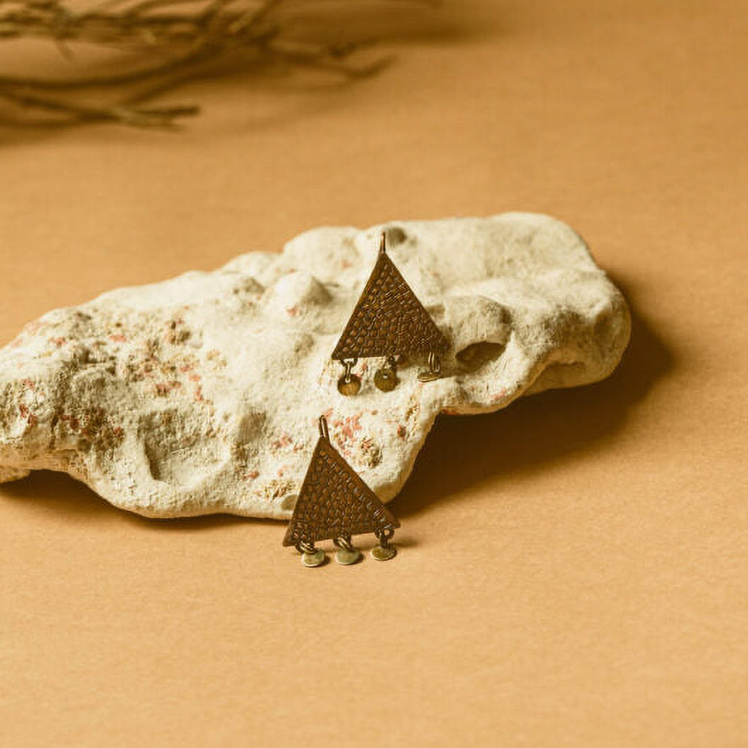 Handmade Triangular Shape Square Texture Copper Earrings