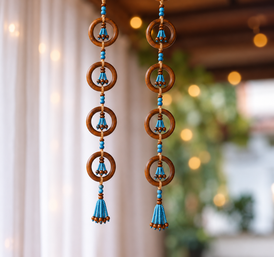 2 Pc |  Handmade Wooden Bead & Ring Door Hangings For Festive Decor