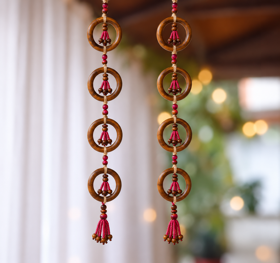 2 Pc |  Handmade Wooden Bead & Ring Door Hangings For Festive Decor