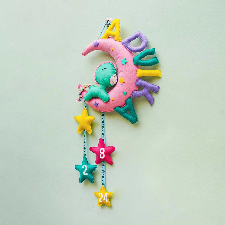 Personalized Handmade Unicorn Moon Felt Name Plate - Hanging Vertical Mobile Front View