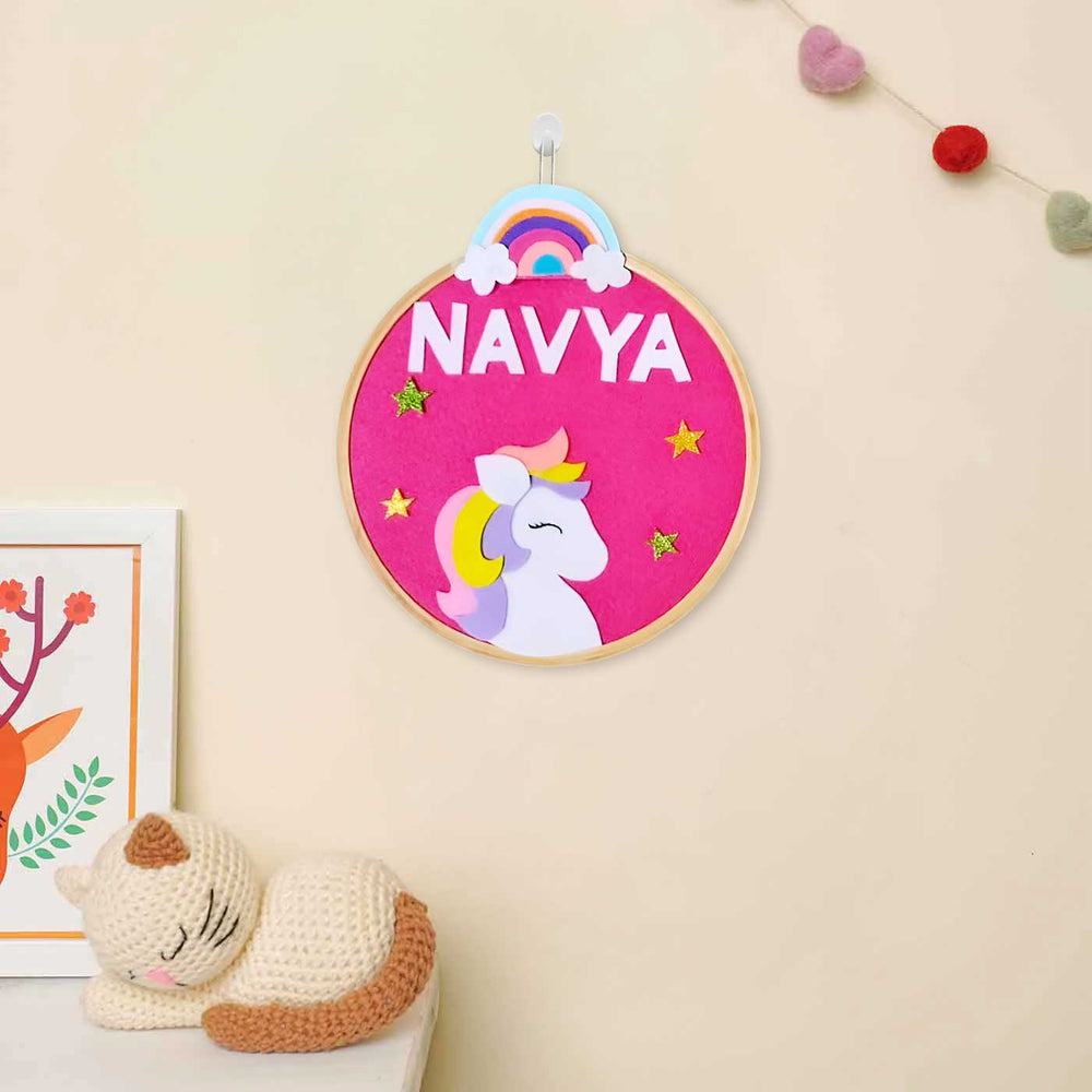 Personalized Unicorn Theme Felt Hoop Name Plate - Mounted on Wall with Name Personalization