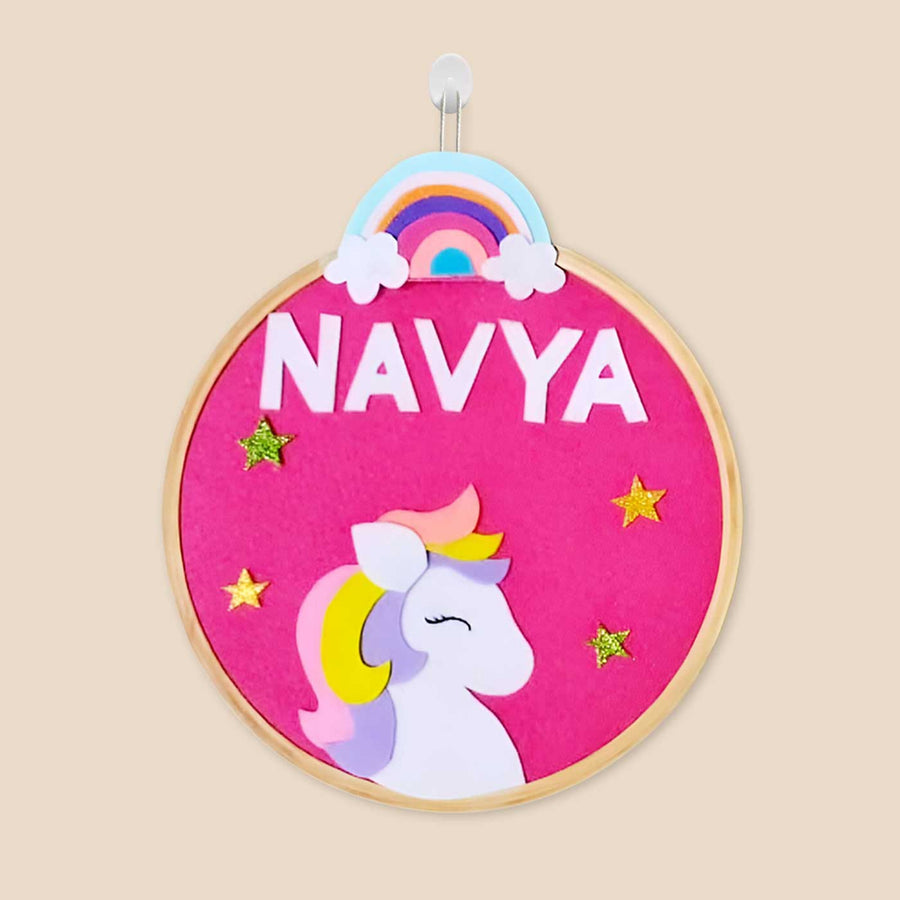 Personalized Unicorn Theme Felt Hoop Name Plate - Front View Hanging with Suction Cup