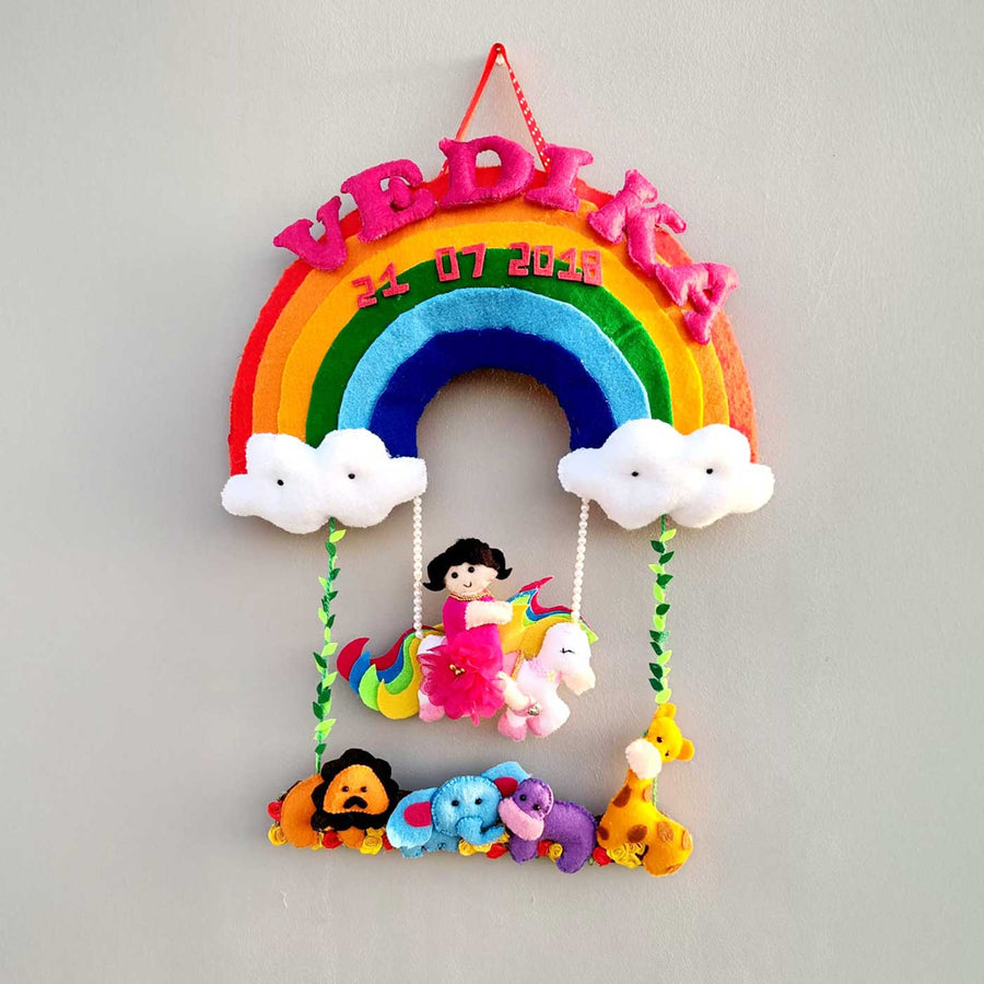 Personalized Unicorn And Rainbow Felt Kids Name Plate - Front View Hanging on Wall