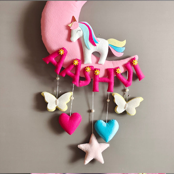 Hand-stitched Unicorn Themed Felt Moon Nameplate with Birthdate