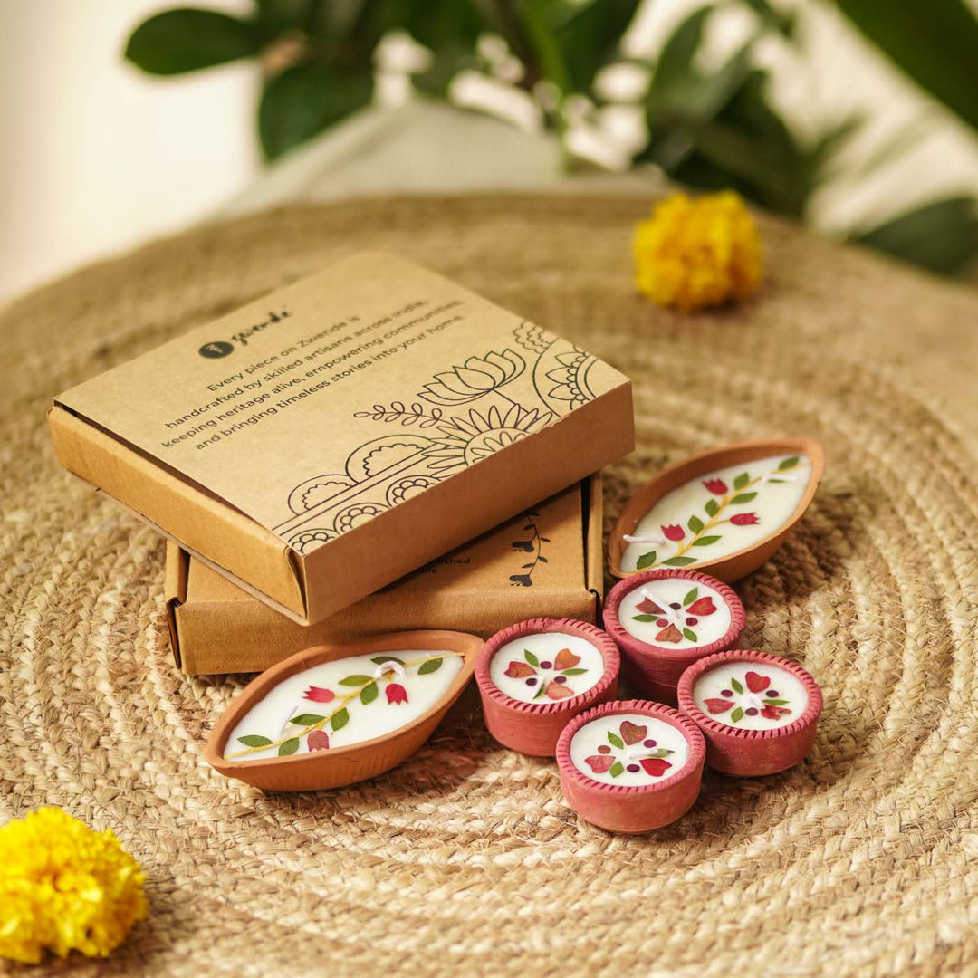 6 Diyas | Soy Wax & Dry Flower Terracota Festive Diyas | 2 Boxes, 3 Diyas per Box