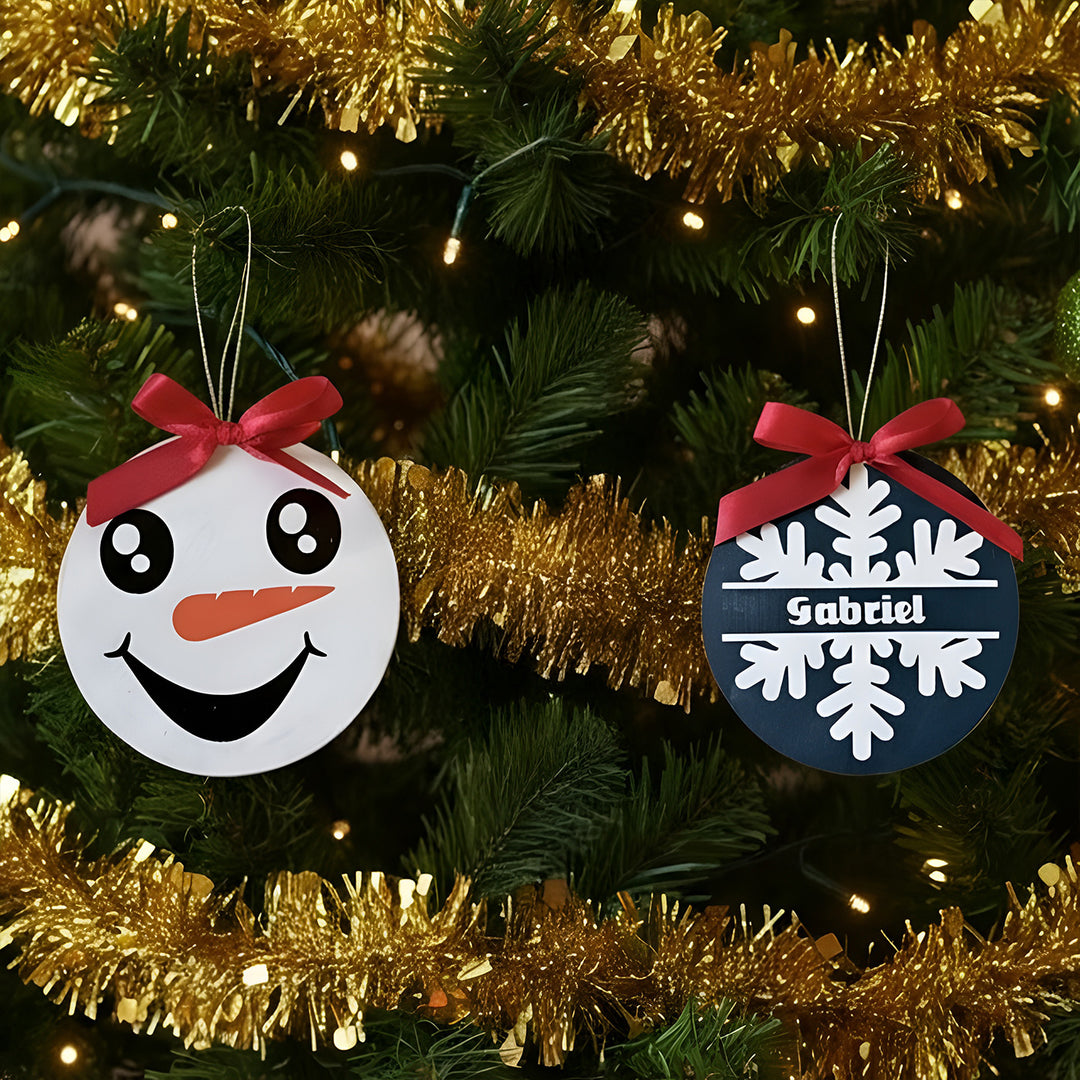 Personalized Snowflakes & Snowmen Wooden Christmas Tree Ornaments | Set of 2