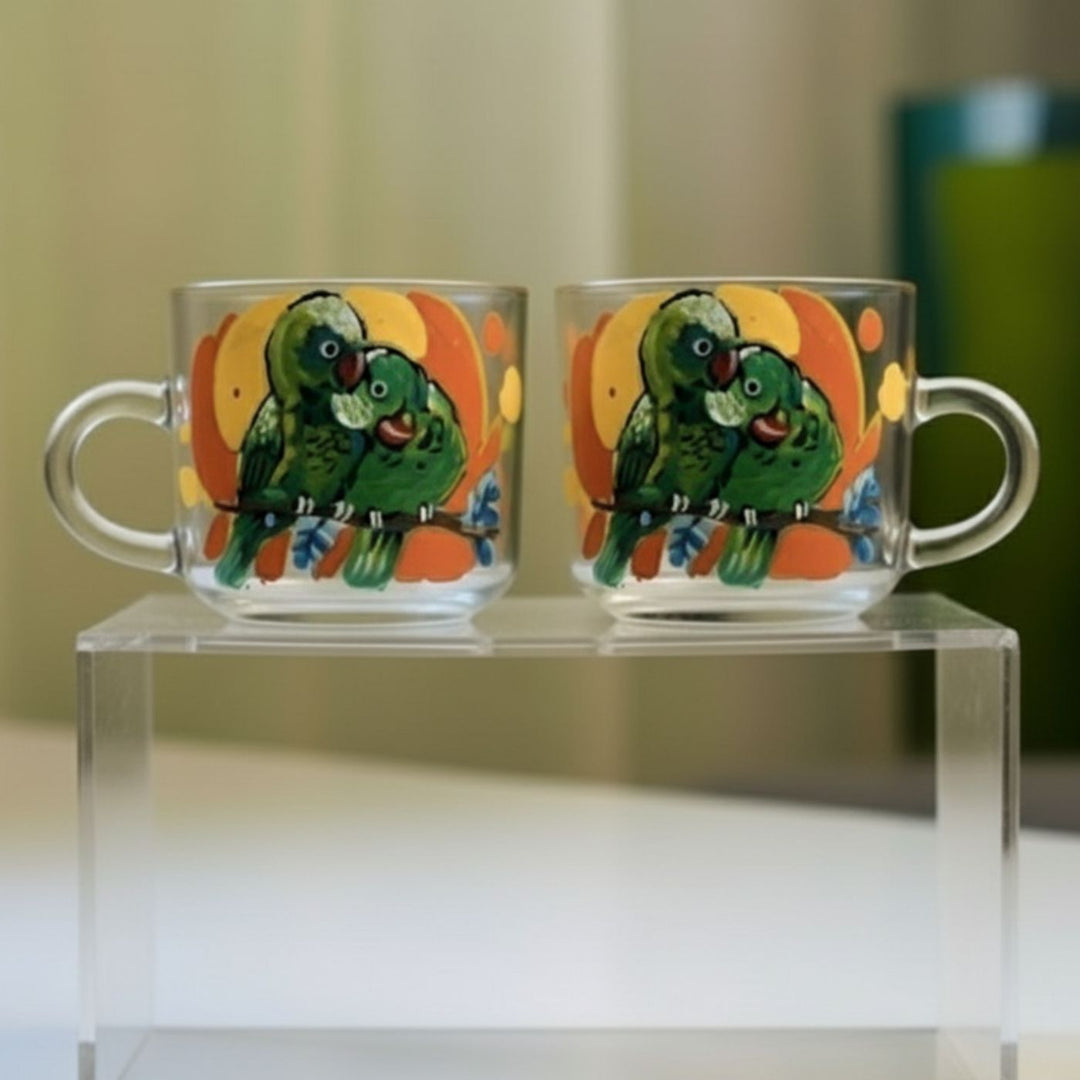 Hand-Painted Tota Couple Parrot Glass Tea Cups