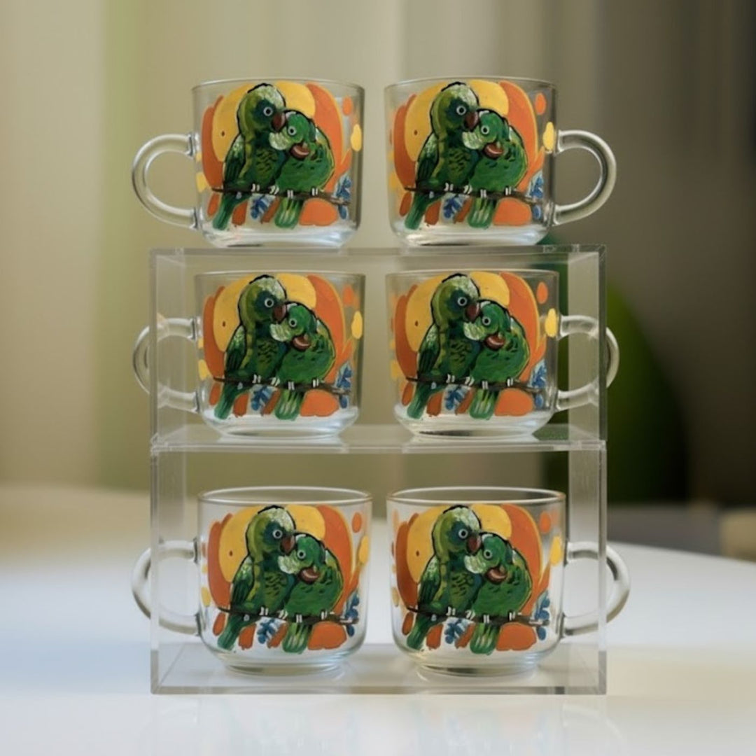 Hand-Painted Tota Couple Parrot Glass Tea Cups