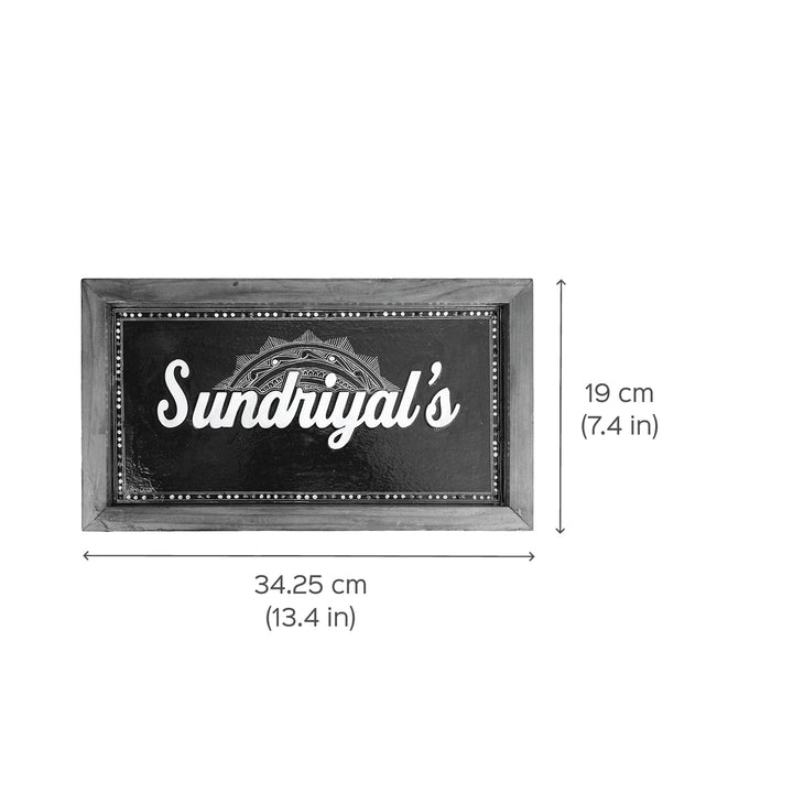 Handcrafted Personalized Aipan Art Name Plate With Wooden Frame - Front View with Dimensions