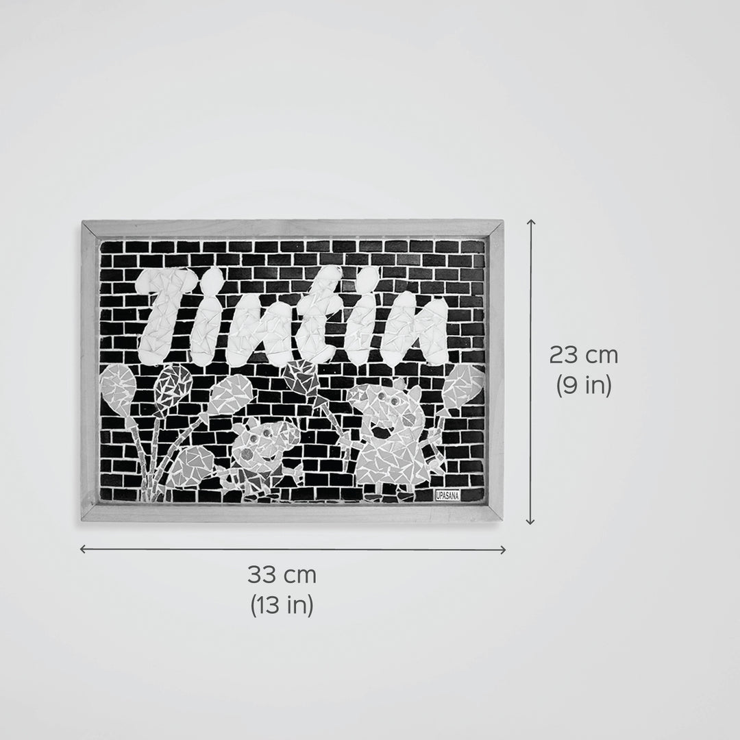 Handcrafted Mosaic Personalized Name Plate With Wooden Frame Peppa Pig - Dimension Chart with Front View