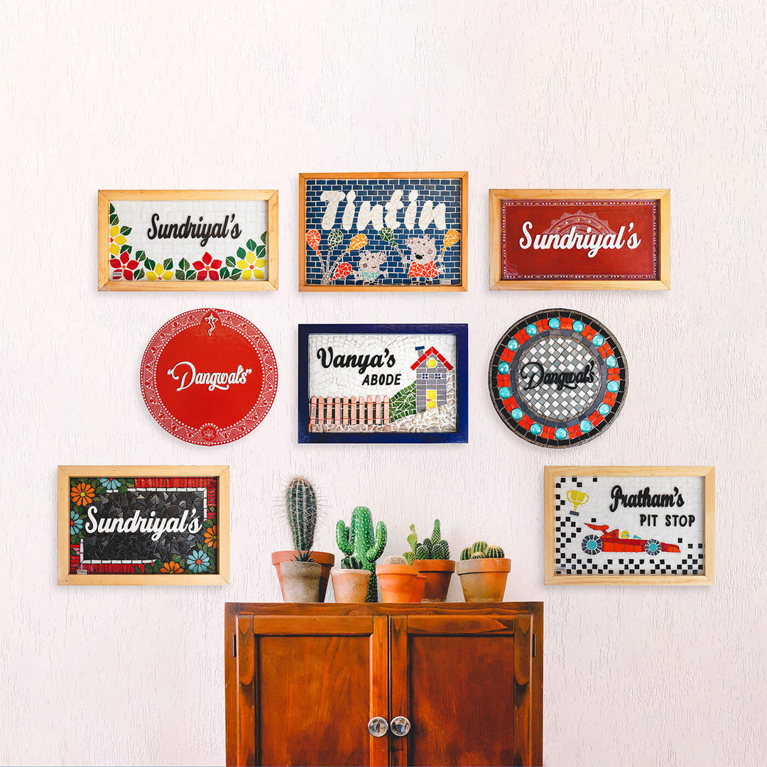 Handcrafted Mosaic Personalized Name Plate With Wooden Frame 5 - Mounted on Wall Display Arrangement