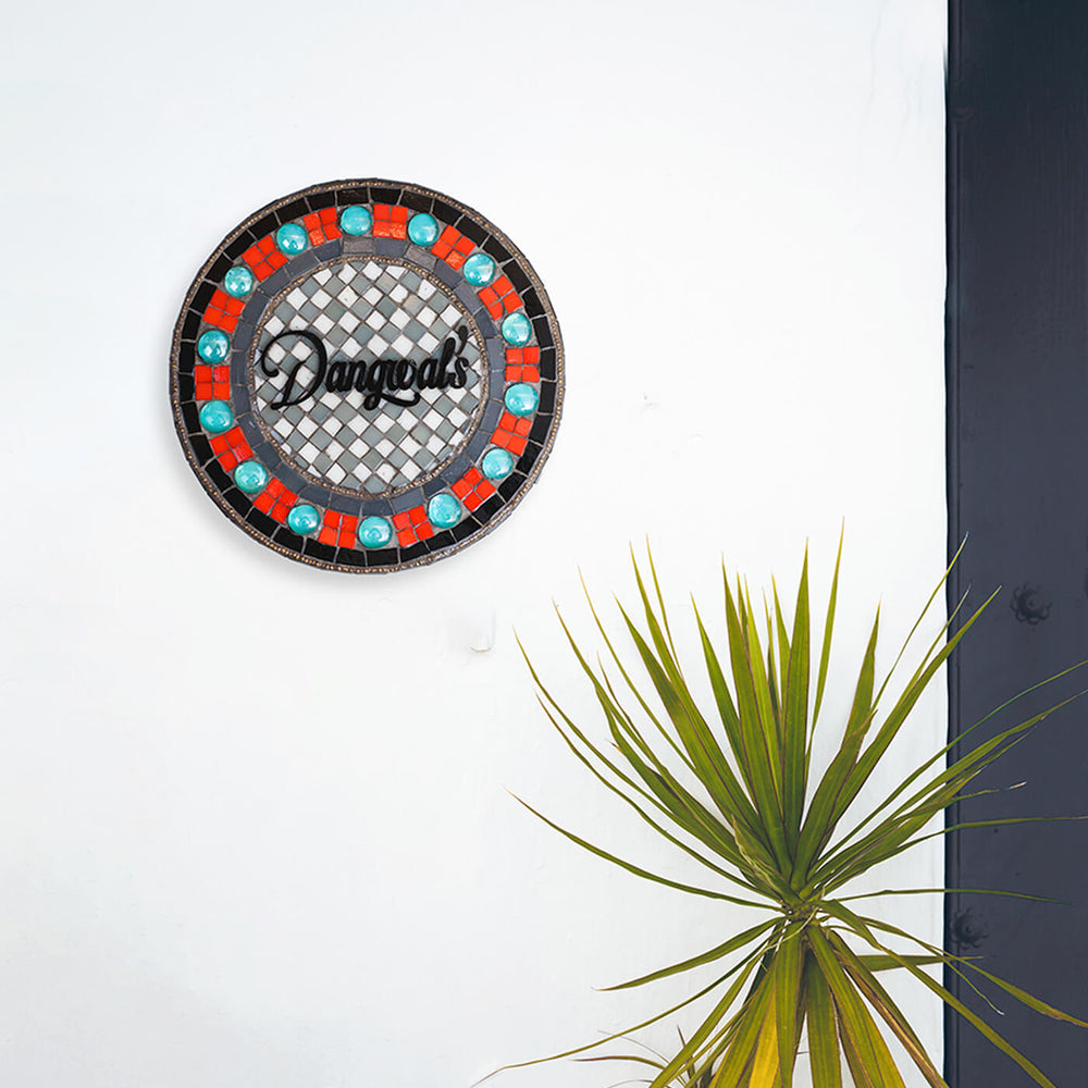 Handcrafted Mosaic Personalized Name Plate With Wooden Frame 2 - Mounted on White Wall with Plant