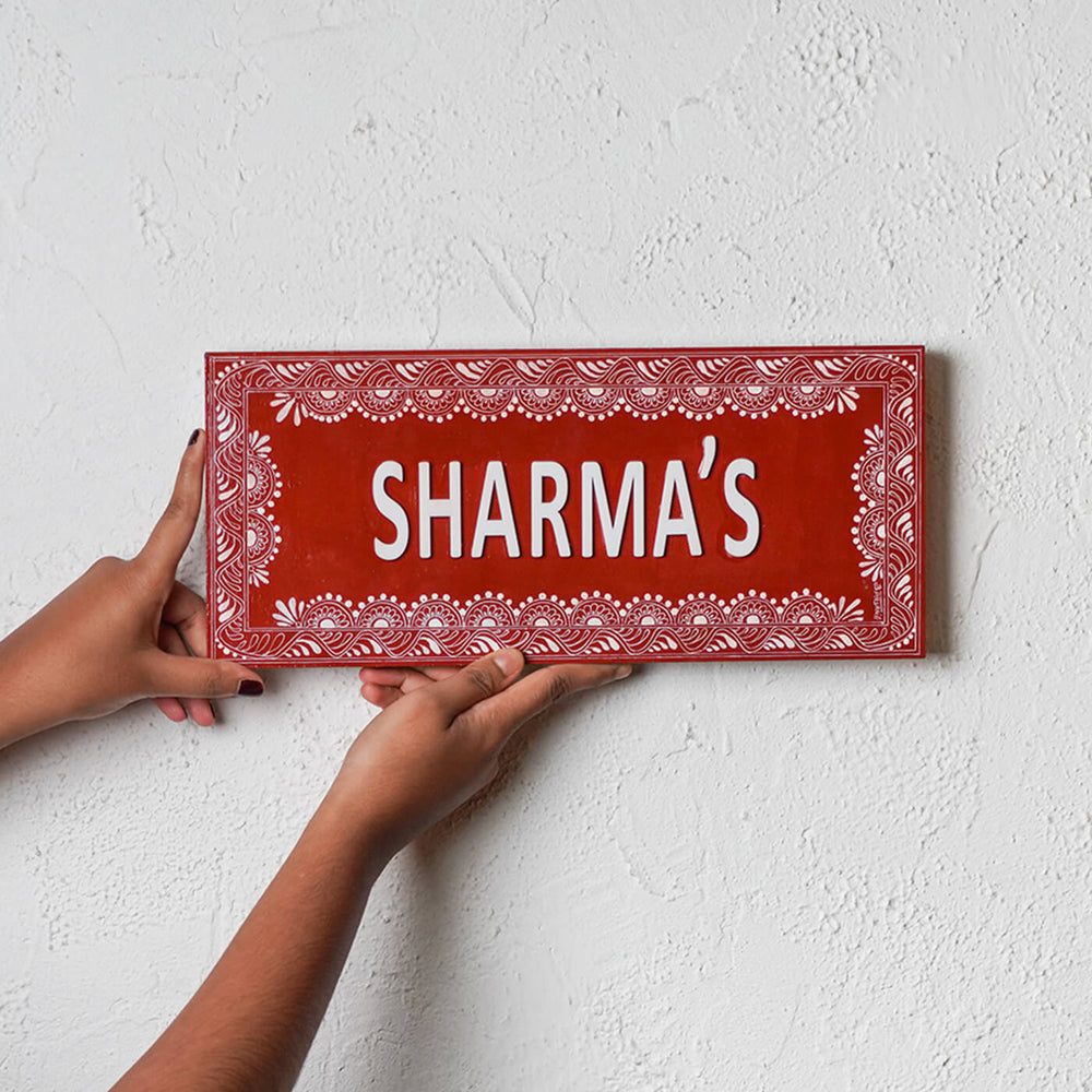 Handcrafted Personalized Aipan Art Wooden Name Plate 2 - Holding Front View Close-up