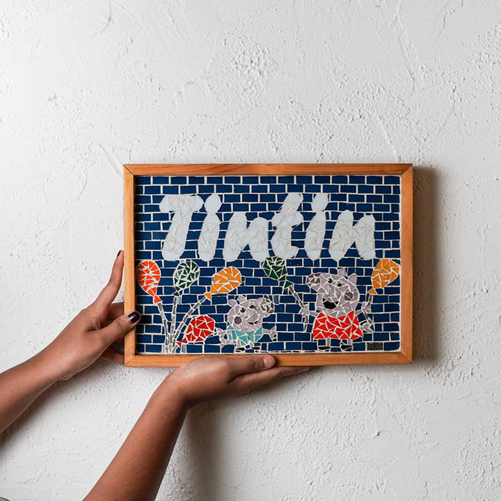 Handcrafted Mosaic Personalized Name Plate With Wooden Frame Peppa Pig - Held Showing Front View