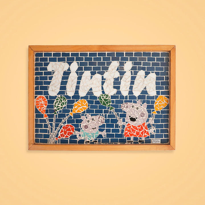 Handcrafted Mosaic Personalized Name Plate With Wooden Frame Peppa Pig - Front View Against Wall Background