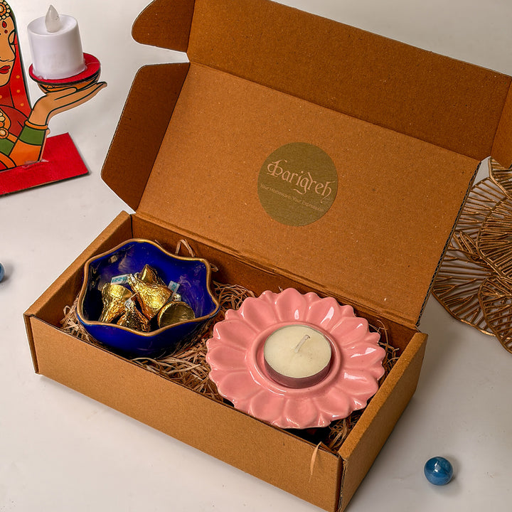 Handcrafted Ceramic Utsav Sparkle Diwali Gift Hamper With Tealight Holder, Trinket Bowl And Chocolates