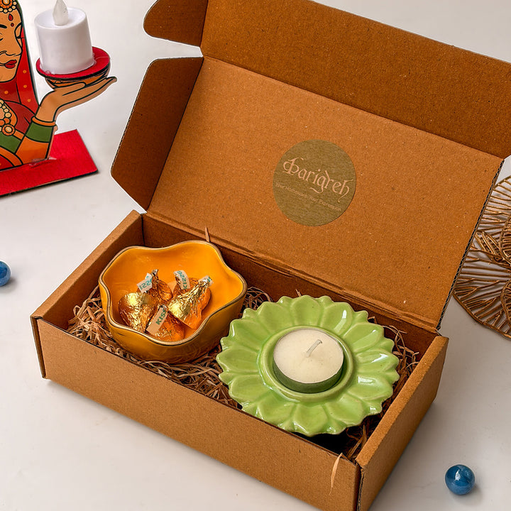 Handcrafted Ceramic Utsav Sparkle Diwali Gift Hamper With Tealight Holder, Trinket Bowl And Chocolates