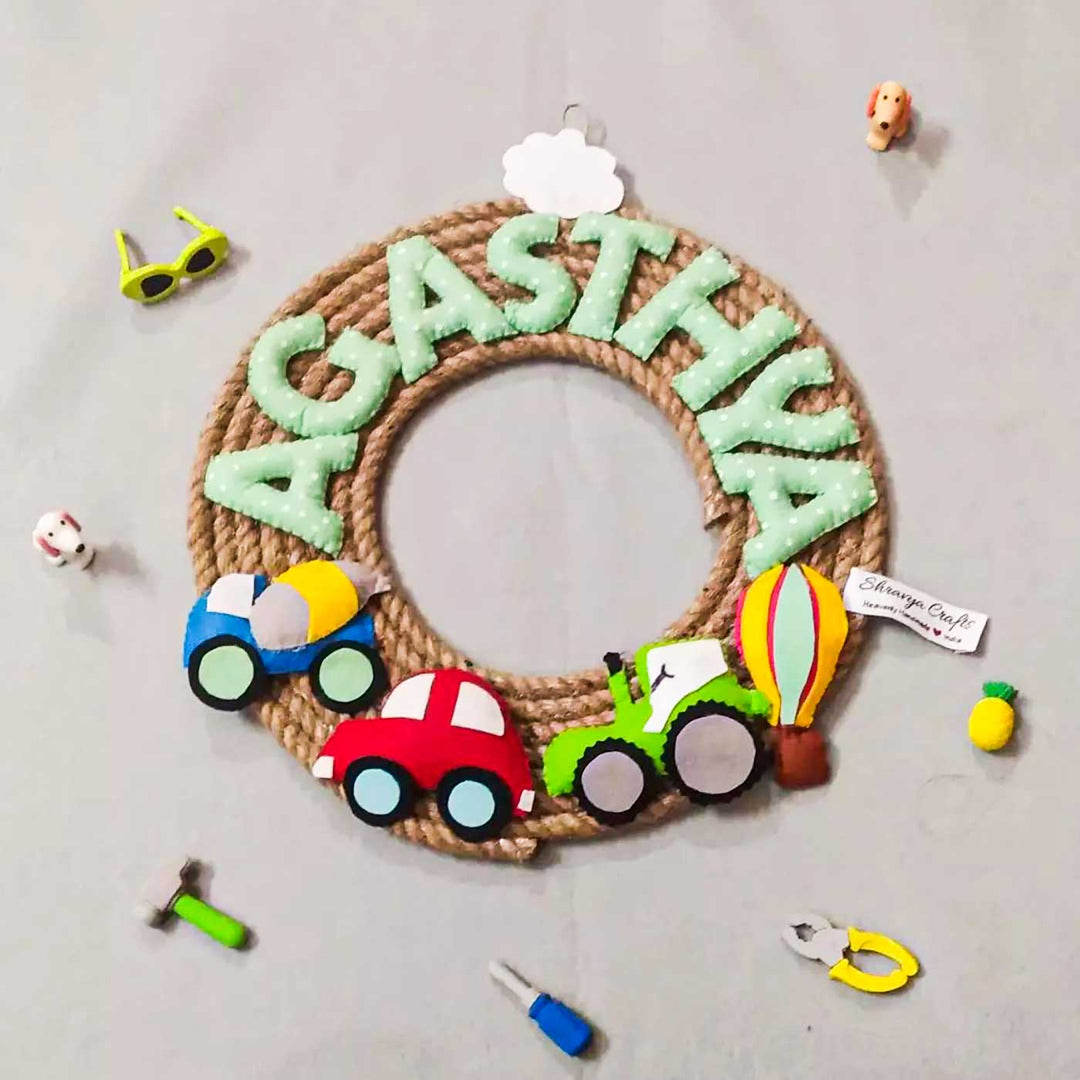 Personalized Vehicle Themed Jute Kids Name Plate - Top View with Name and Toys