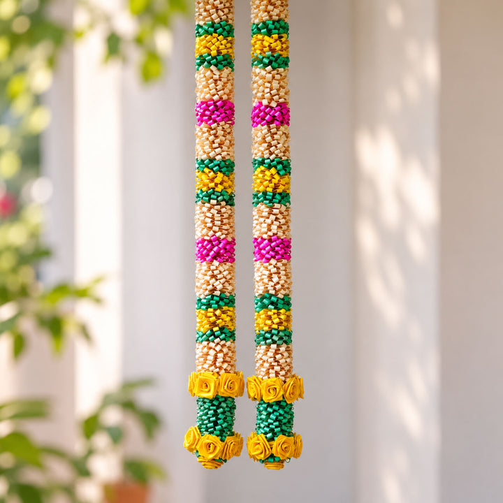 2 Pc | Handcrafted Looped Palm Leaf Door Hanging With Floral Pattern - Yellow & Pink