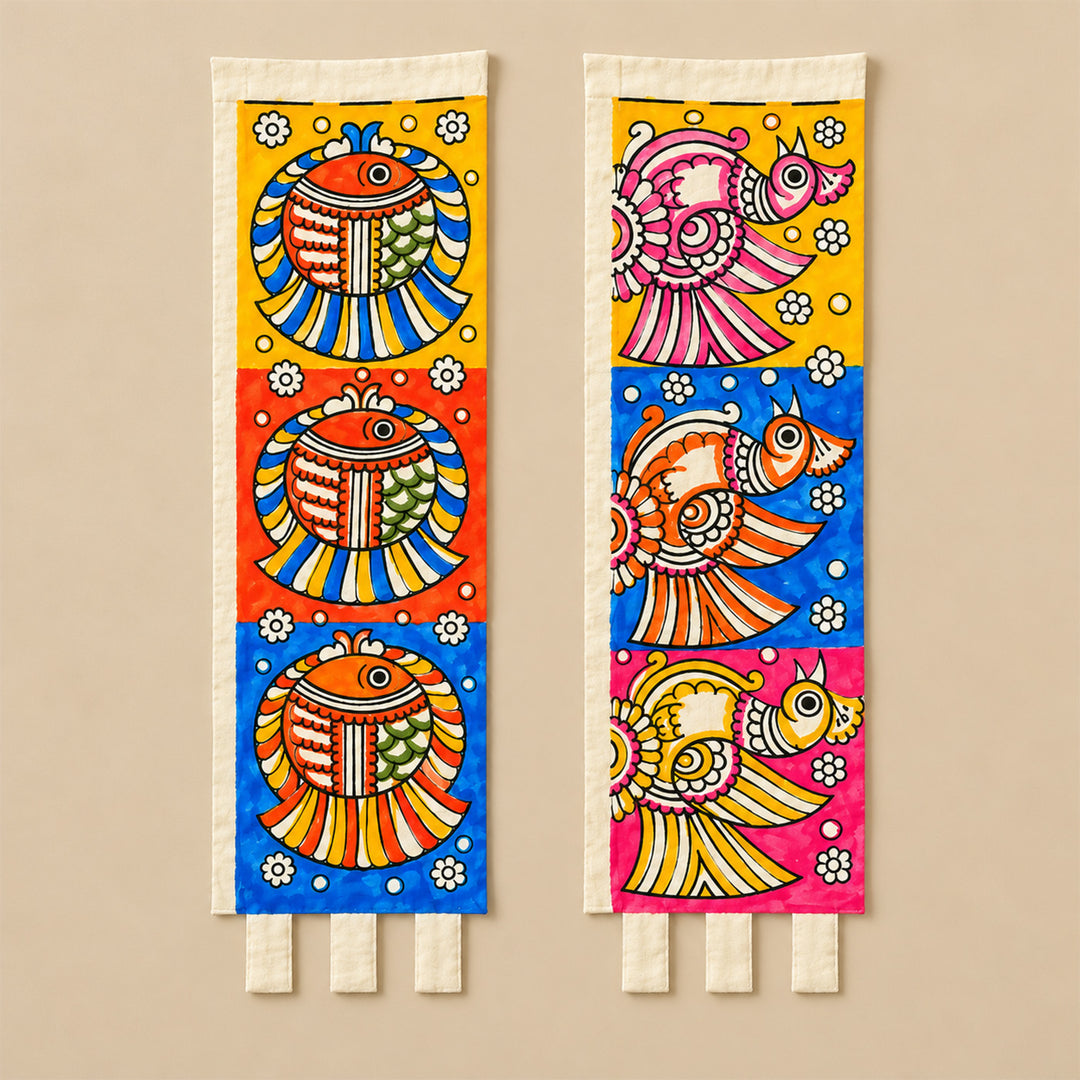 Set of 2 | Hand-Painted Tholu Fish & Peacock Parchment Leather Votive Tealight Covers