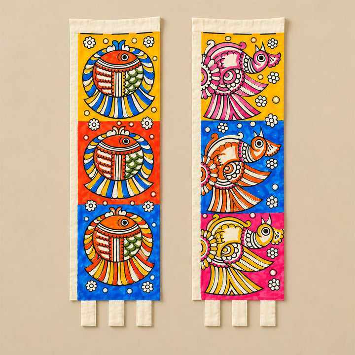 Set of 2 | Hand-Painted Tholu Fish & Peacock Parchment Leather Votive Tealight Covers