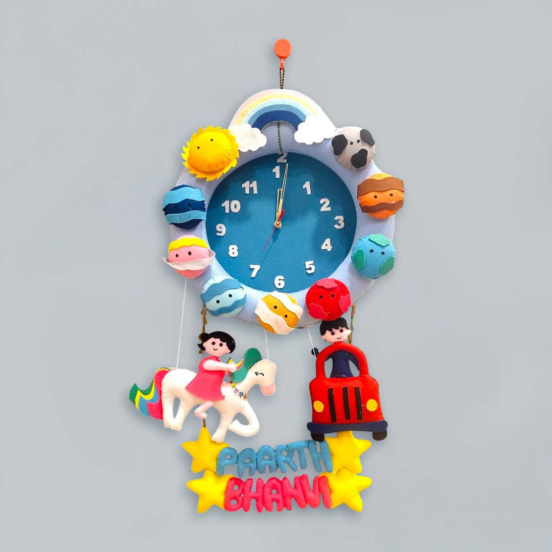 Personalized Clock Theme Felt Kids Name Plate For Siblings